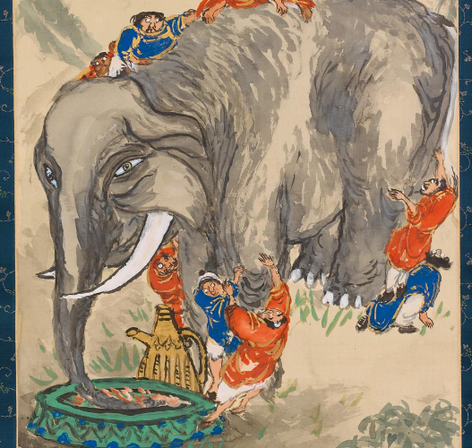 A traditional Asian painting illustrating the parable of the blind men and the elephant. Six men in orange and blue robes examine different parts of a large gray elephant - its trunk, tusk, legs, tail, and body - each drawing different conclusions about what they're experiencing. The elephant stands calmly as the men explore. 